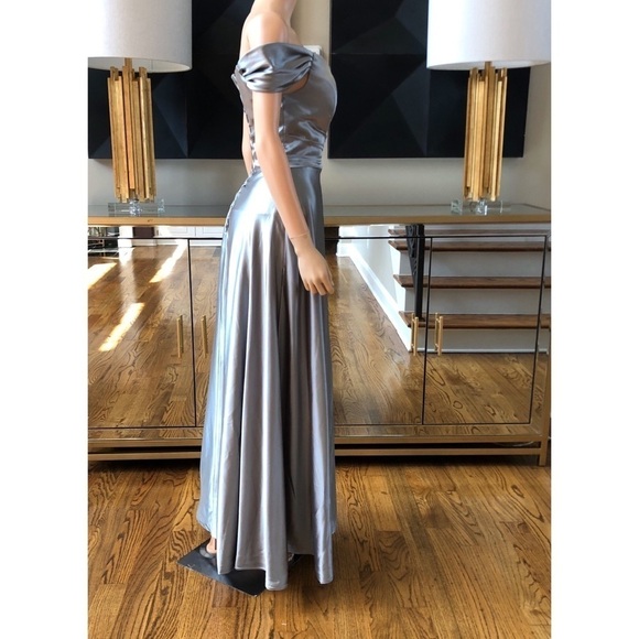 Off Shoulder Bridesmaid Prom Side Slit Satin Formal Evening with Pockets Dress - Picture 4 of 13